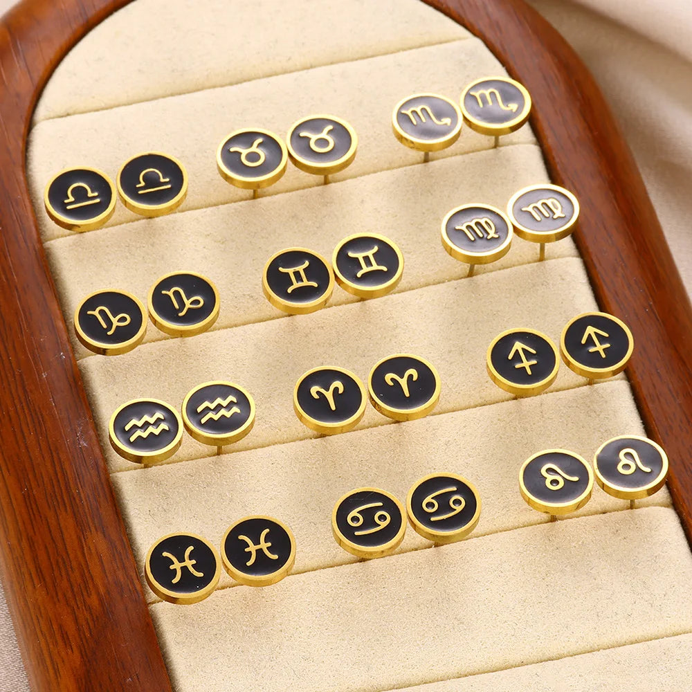 1 Par de Brincos Redondos Fashion com Signo do Zodíaco para Mulheres, Brincos de Aço Inoxidável com Gota de Óleo Preto, Jóias Estilo Hip Hop para Festas e Presentes Escorpião - Aquário