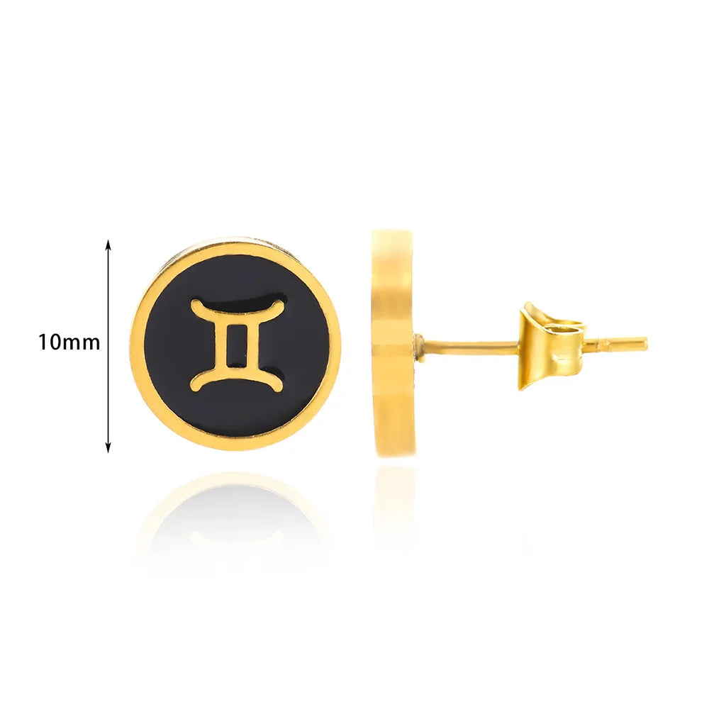 1 Par de Brincos Redondos Fashion com Signo do Zodíaco para Mulheres, Brincos de Aço Inoxidável com Gota de Óleo Preto, Jóias Estilo Hip Hop para Festas e Presentes Escorpião - Aquário
