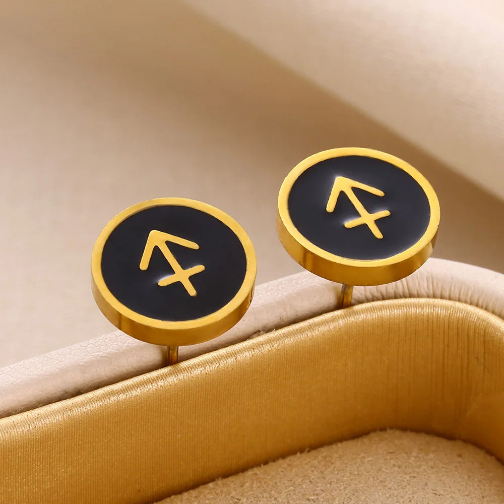 1 Par de Brincos Redondos Fashion com Signo do Zodíaco para Mulheres, Brincos de Aço Inoxidável com Gota de Óleo Preto, Jóias Estilo Hip Hop para Festas e Presentes Escorpião - Aquário