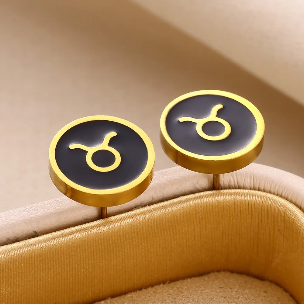 1 Par de Brincos Redondos Fashion com Signo do Zodíaco para Mulheres, Brincos de Aço Inoxidável com Gota de Óleo Preto, Jóias Estilo Hip Hop para Festas e Presentes Escorpião - Aquário