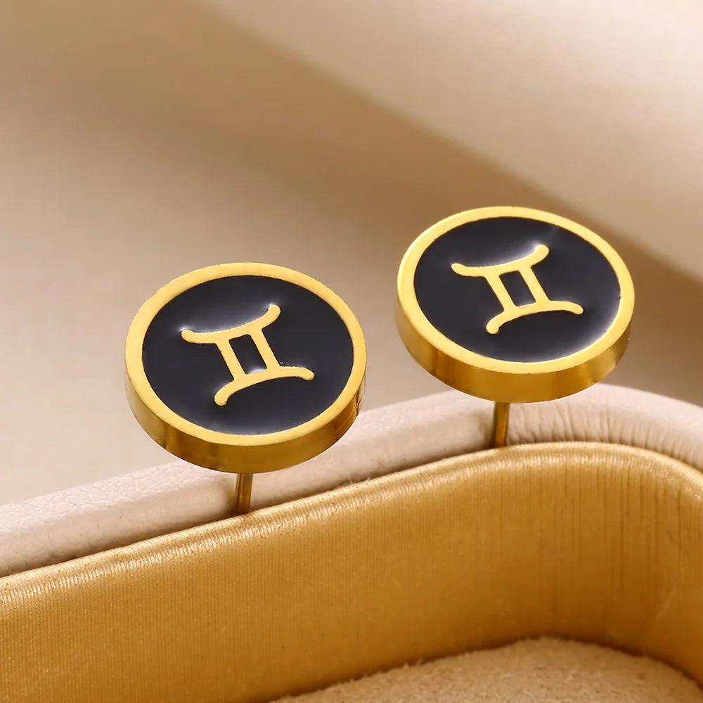 1 Par de Brincos Redondos Fashion com Signo do Zodíaco para Mulheres, Brincos de Aço Inoxidável com Gota de Óleo Preto, Jóias Estilo Hip Hop para Festas e Presentes Escorpião - Aquário