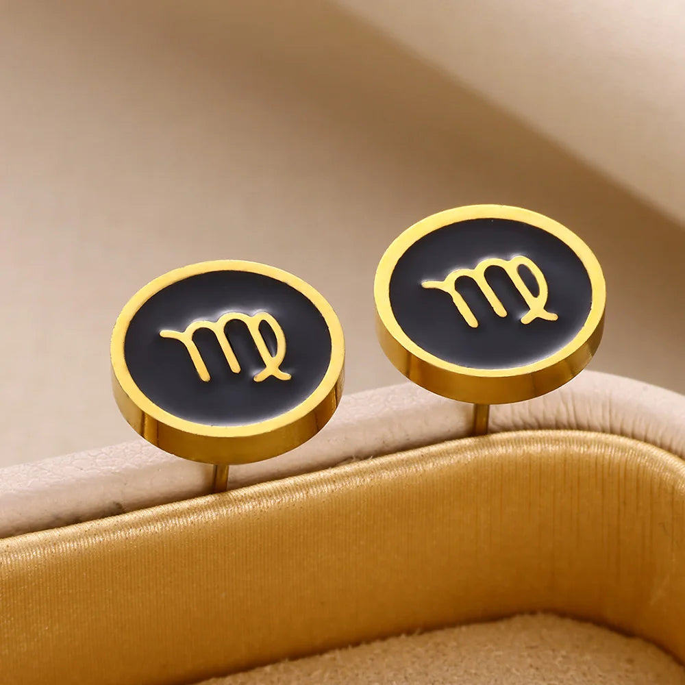 1 Par de Brincos Redondos Fashion com Signo do Zodíaco para Mulheres, Brincos de Aço Inoxidável com Gota de Óleo Preto, Jóias Estilo Hip Hop para Festas e Presentes Escorpião - Aquário