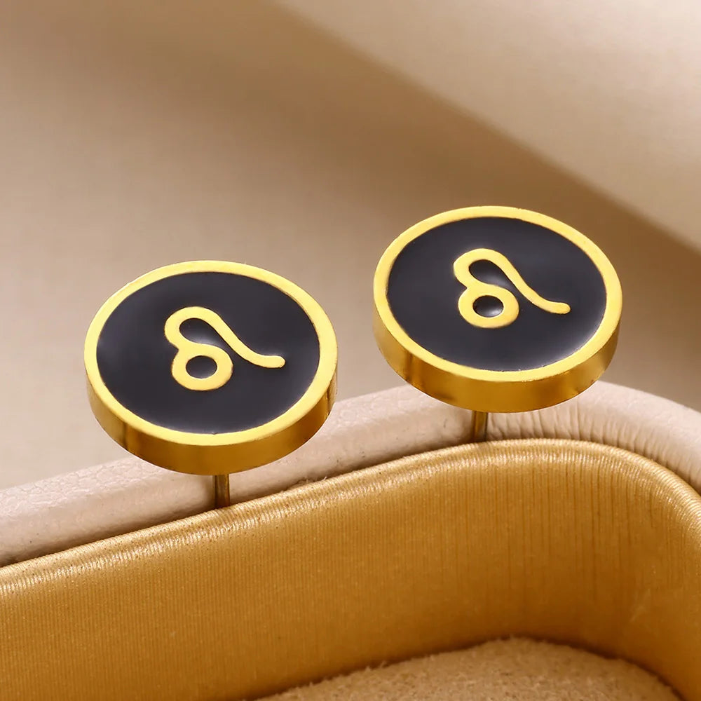 1 Par de Brincos Redondos Fashion com Signo do Zodíaco para Mulheres, Brincos de Aço Inoxidável com Gota de Óleo Preto, Jóias Estilo Hip Hop para Festas e Presentes Escorpião - Aquário