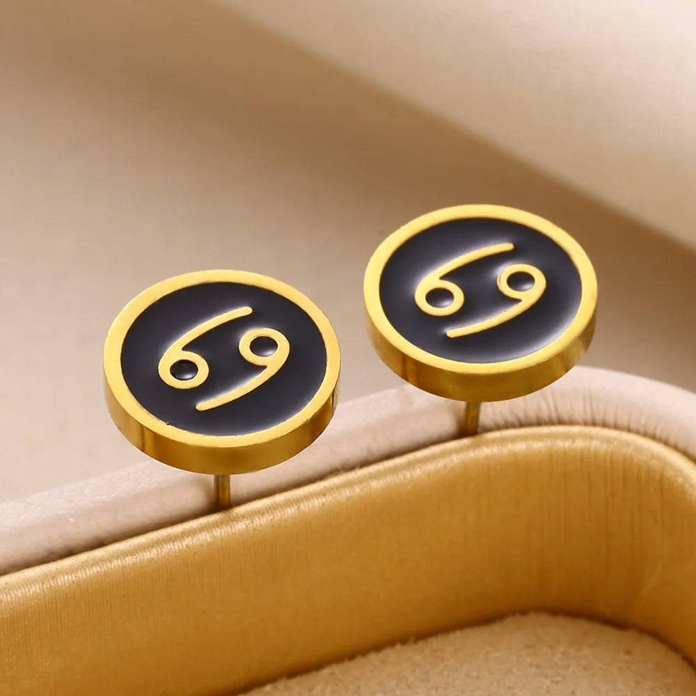 1 Par de Brincos Redondos Fashion com Signo do Zodíaco para Mulheres, Brincos de Aço Inoxidável com Gota de Óleo Preto, Jóias Estilo Hip Hop para Festas e Presentes Escorpião - Aquário