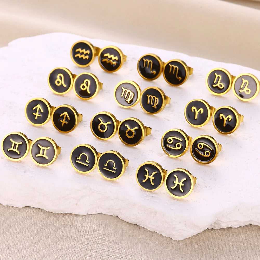 1 Par de Brincos Redondos Fashion com Signo do Zodíaco para Mulheres, Brincos de Aço Inoxidável com Gota de Óleo Preto, Jóias Estilo Hip Hop para Festas e Presentes Escorpião - Aquário
