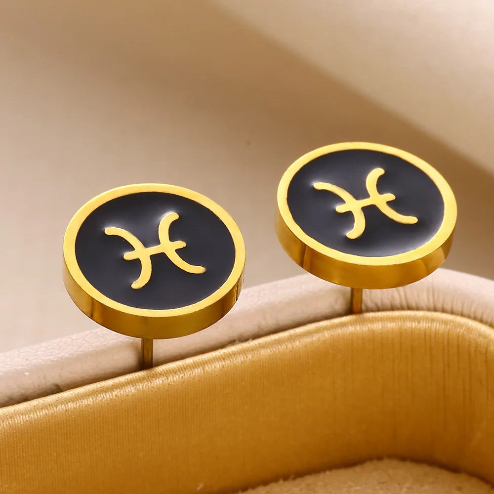 1 Par de Brincos Redondos Fashion com Signo do Zodíaco para Mulheres, Brincos de Aço Inoxidável com Gota de Óleo Preto, Jóias Estilo Hip Hop para Festas e Presentes Escorpião - Aquário