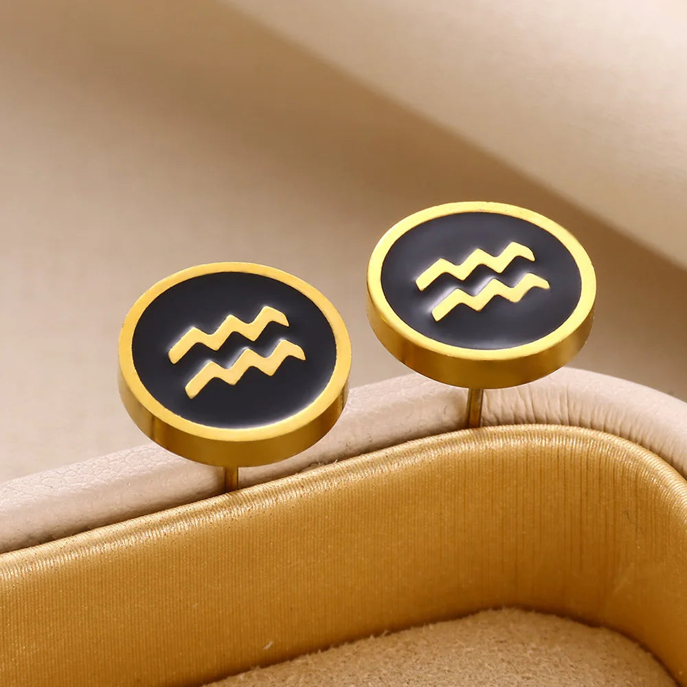1 Par de Brincos Redondos Fashion com Signo do Zodíaco para Mulheres, Brincos de Aço Inoxidável com Gota de Óleo Preto, Jóias Estilo Hip Hop para Festas e Presentes Escorpião - Aquário