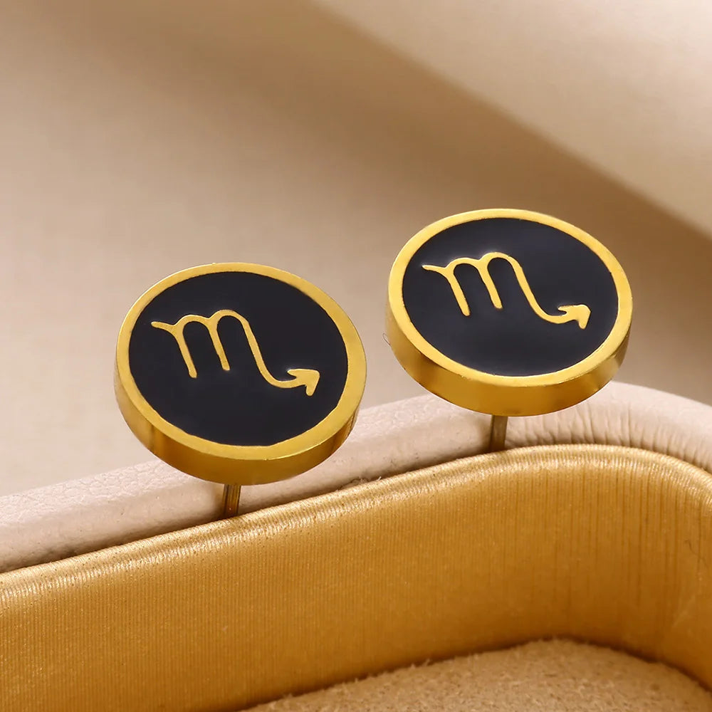 1 Par de Brincos Redondos Fashion com Signo do Zodíaco para Mulheres, Brincos de Aço Inoxidável com Gota de Óleo Preto, Jóias Estilo Hip Hop para Festas e Presentes Escorpião - Aquário