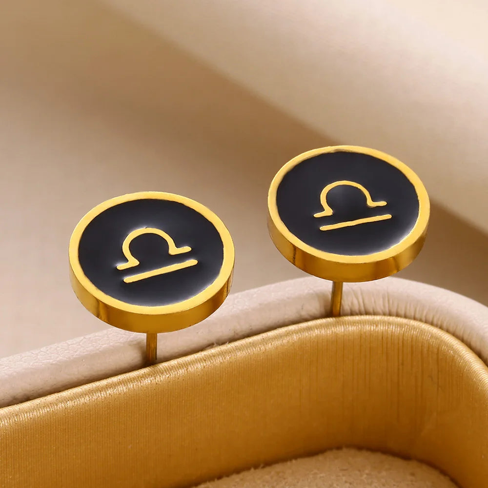 1 Par de Brincos Redondos Fashion com Signo do Zodíaco para Mulheres, Brincos de Aço Inoxidável com Gota de Óleo Preto, Jóias Estilo Hip Hop para Festas e Presentes Escorpião - Aquário
