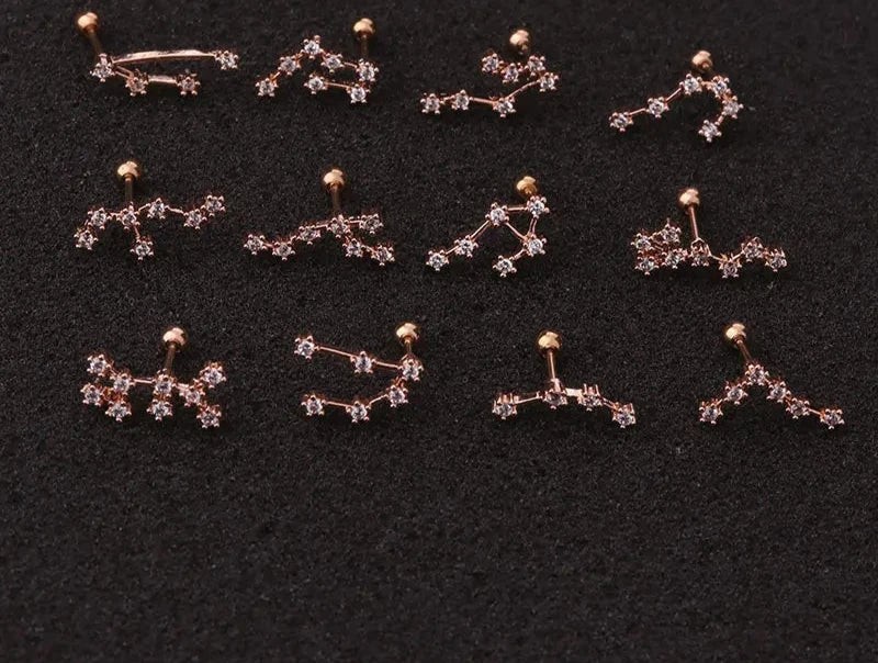 Brinco Fashion de Aço com Design das Doze Constelações - Piercing com Barra e Zircônia Cúbica - Semi-Joias - Sol e Lua