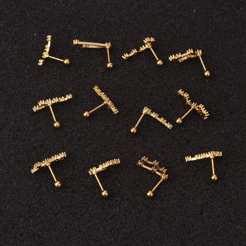 Brinco Fashion de Aço com Design das Doze Constelações - Piercing com Barra e Zircônia Cúbica - Semi-Joias - Sol e Lua