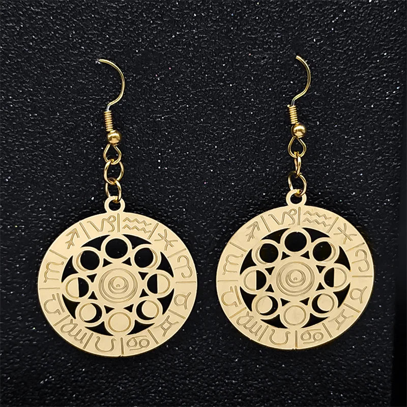 Brincos Fase da Lua - 12 Signos do Zodíaco Aço Inoxidável Dourado Brincos Pendentes para Mulheres - Semi-Joias - Luna