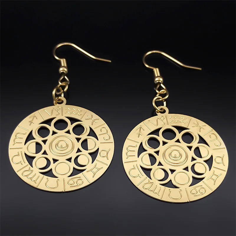 Brincos Fase da Lua - 12 Signos do Zodíaco Aço Inoxidável Dourado Brincos Pendentes para Mulheres - Semi-Joias - Luna