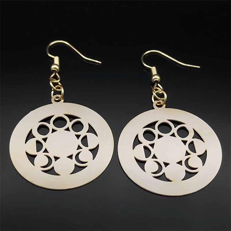 Brincos Fase da Lua - 12 Signos do Zodíaco Aço Inoxidável Dourado Brincos Pendentes para Mulheres - Semi-Joias - Luna