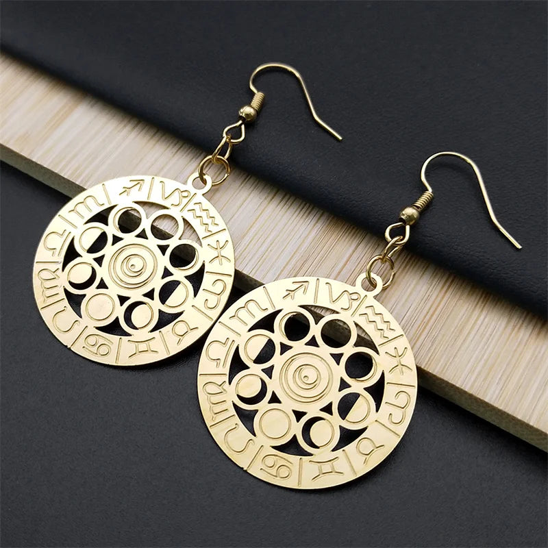 Brincos Fase da Lua - 12 Signos do Zodíaco Aço Inoxidável Dourado Brincos Pendentes para Mulheres - Semi-Joias - Luna