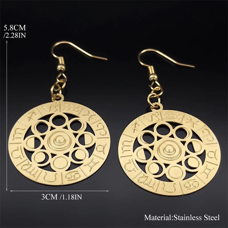 Brincos Fase da Lua - 12 Signos do Zodíaco Aço Inoxidável Dourado Brincos Pendentes para Mulheres - Semi-Joias - Luna