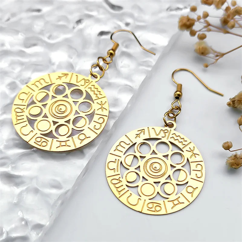 Brincos Fase da Lua - 12 Signos do Zodíaco Aço Inoxidável Dourado Brincos Pendentes para Mulheres - Semi-Joias - Luna