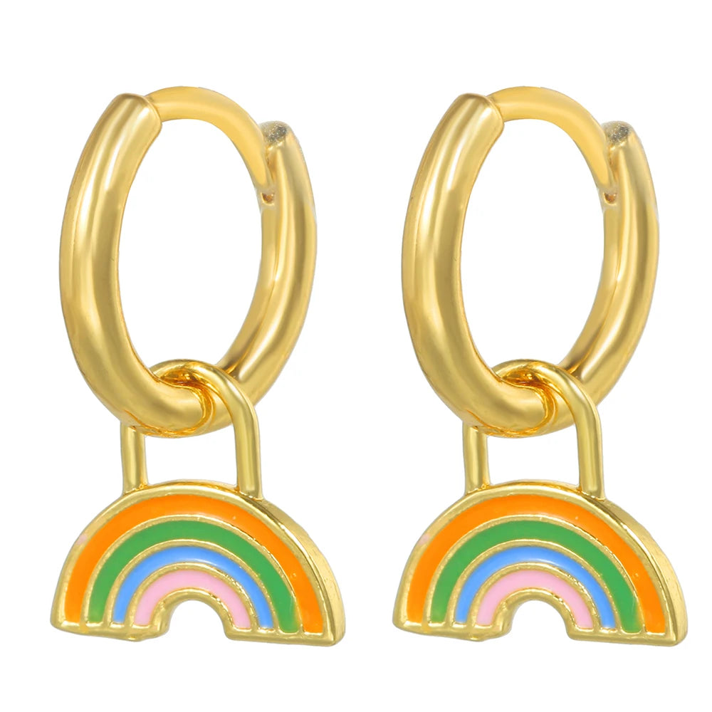 Brincos de Argola Pequena com Pingente de Estrela e Cogumelo Arco-Íris Boho - Feminino -