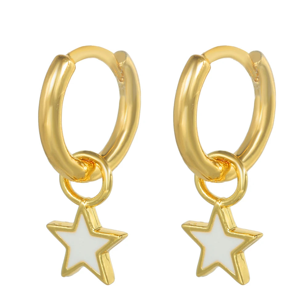 Brincos de Argola Pequena com Pingente de Estrela e Cogumelo Arco-Íris Boho - Feminino -