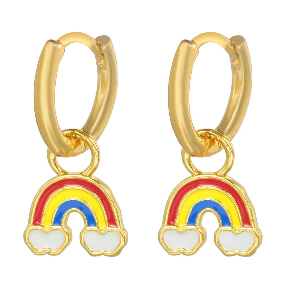 Brincos de Argola Pequena com Pingente de Estrela e Cogumelo Arco-Íris Boho - Feminino -