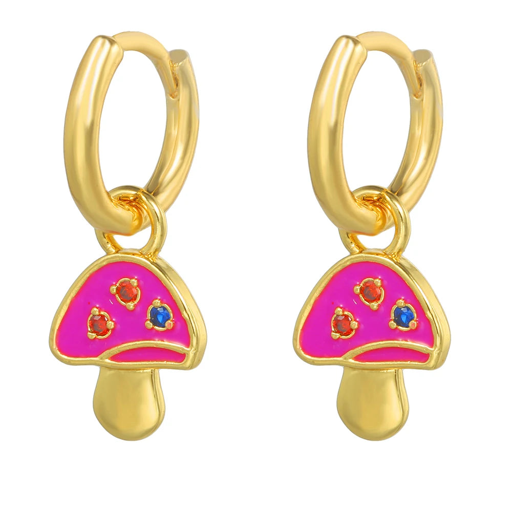 Brincos de Argola Pequena com Pingente de Estrela e Cogumelo Arco-Íris Boho - Feminino -