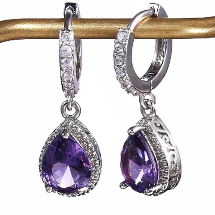 Brincos em Forma de Gota de Água em Prata 925 com Ametista -para Presentes de Aniversário - Semi Joias Femininas