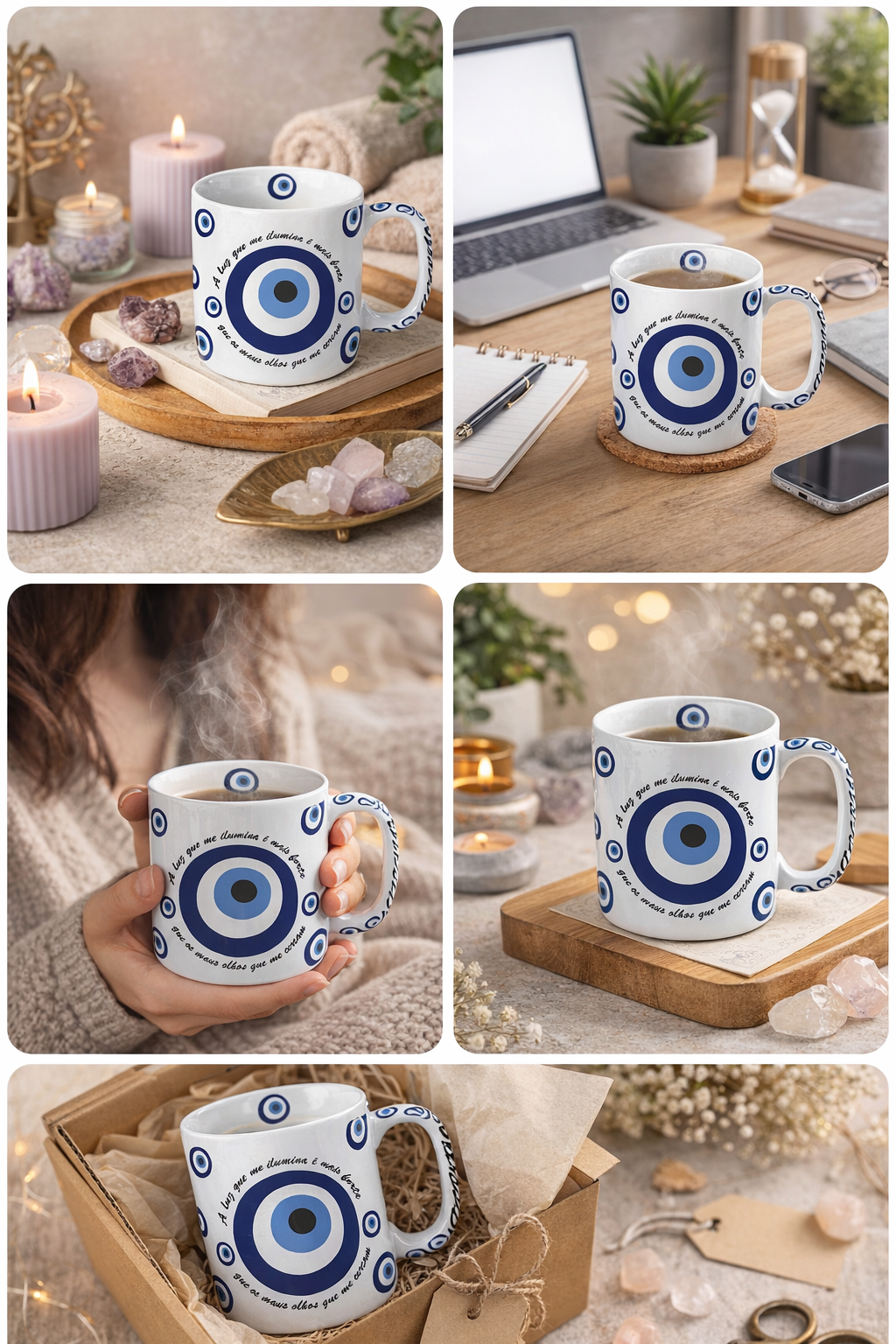 Caneca Guardiã da Manhã - Bella 300 ml Olho Grego em Cerámica Decorativa - Proteção, Energia Positiva e Estilo - Harmonia Plena