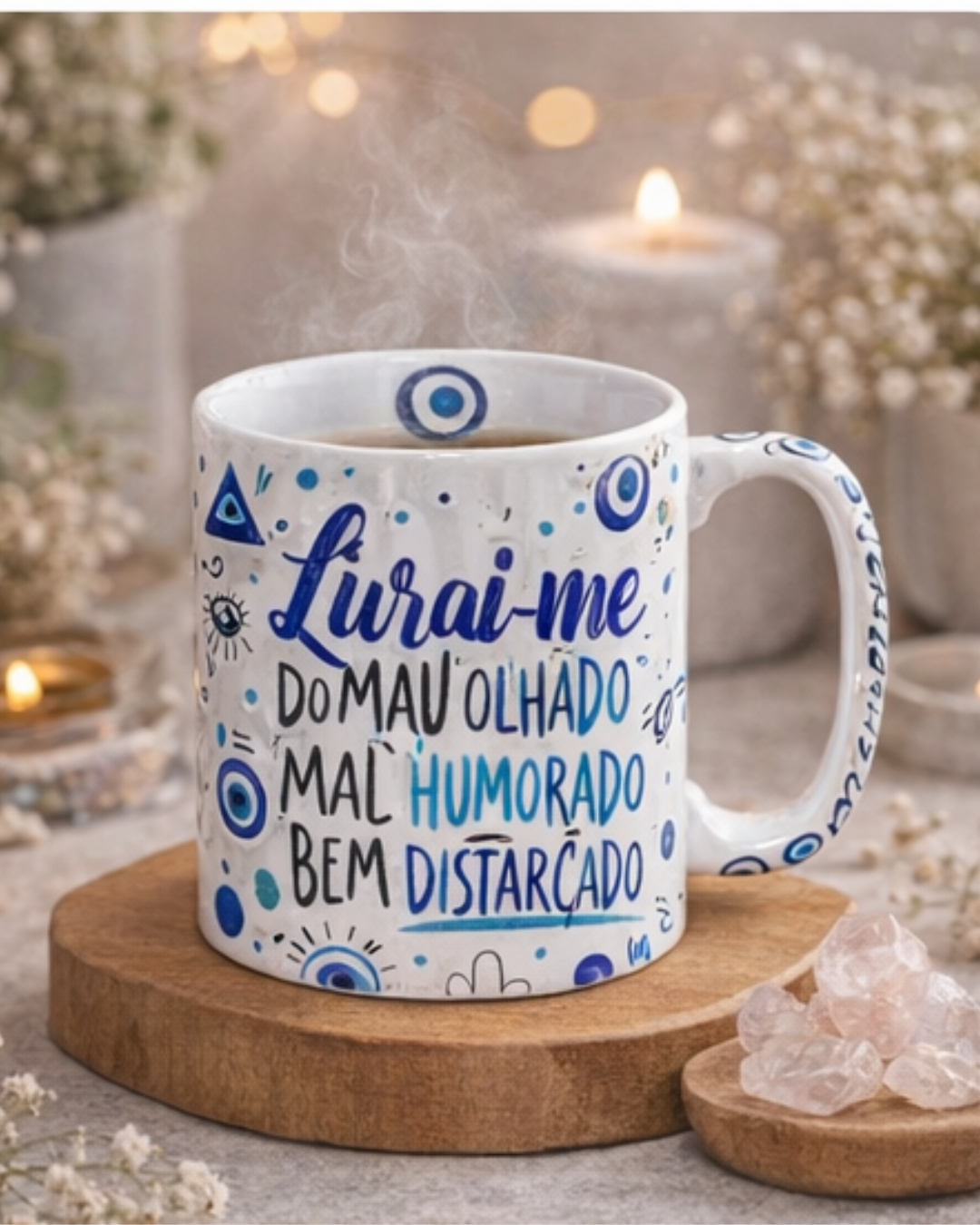 Caneca Porcelana 325 ml - Ritual da Manhã - Olho Grego & Boa Energia - Harmonia Plena