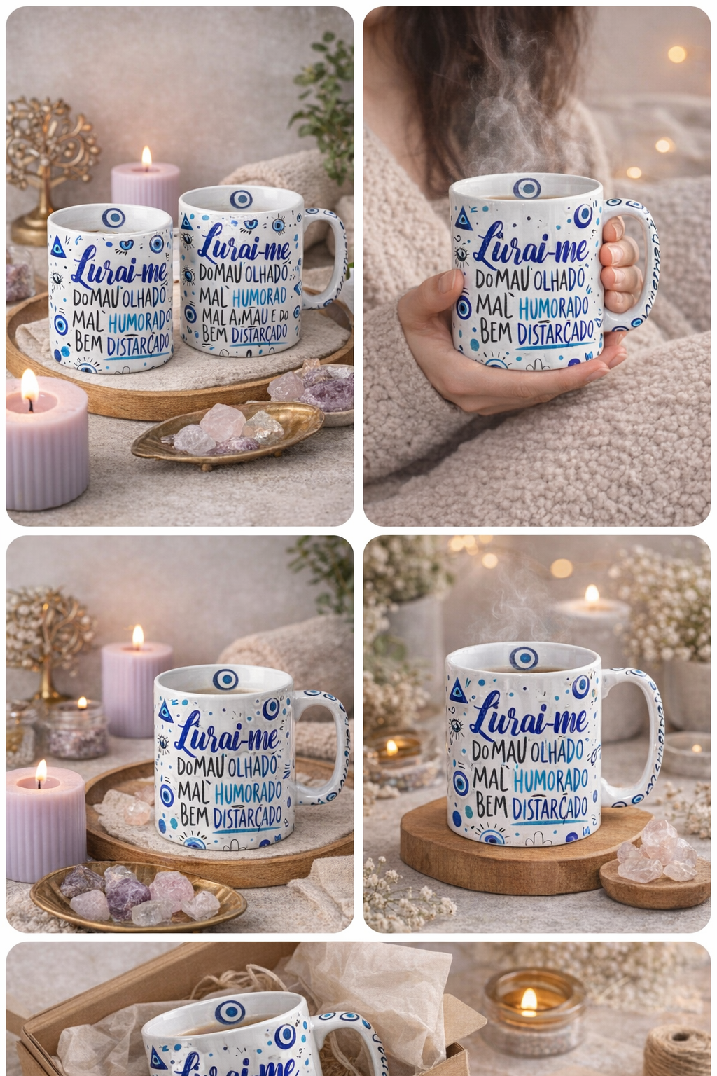 Caneca Porcelana 325 ml - Ritual da Manhã - Olho Grego & Boa Energia - Harmonia Plena