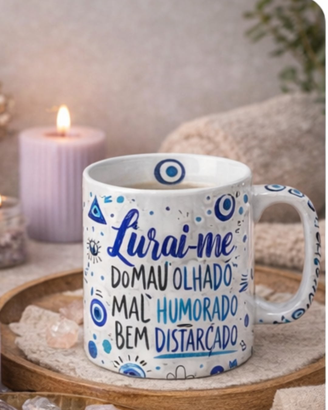 Caneca Porcelana 325 ml - Ritual da Manhã - Olho Grego & Boa Energia - Harmonia Plena