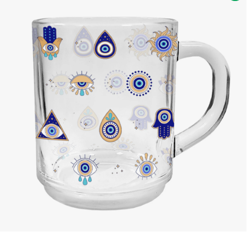 Caneca Ritualística de Proteção • Olho Grego • Vidro Decorativo com Simbolos de Proteção -Harmonia Plena