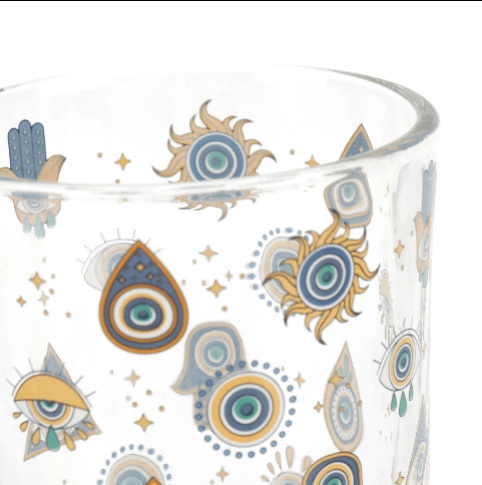 Caneca Ritualística de Proteção • Olho Grego • Vidro Decorativo com Simbolos de Proteção -Harmonia Plena