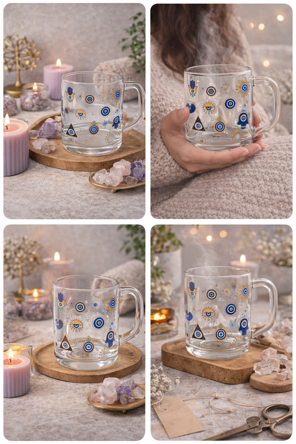 Caneca Ritualística de Proteção • Olho Grego • Vidro Decorativo com Simbolos de Proteção -Harmonia Plena