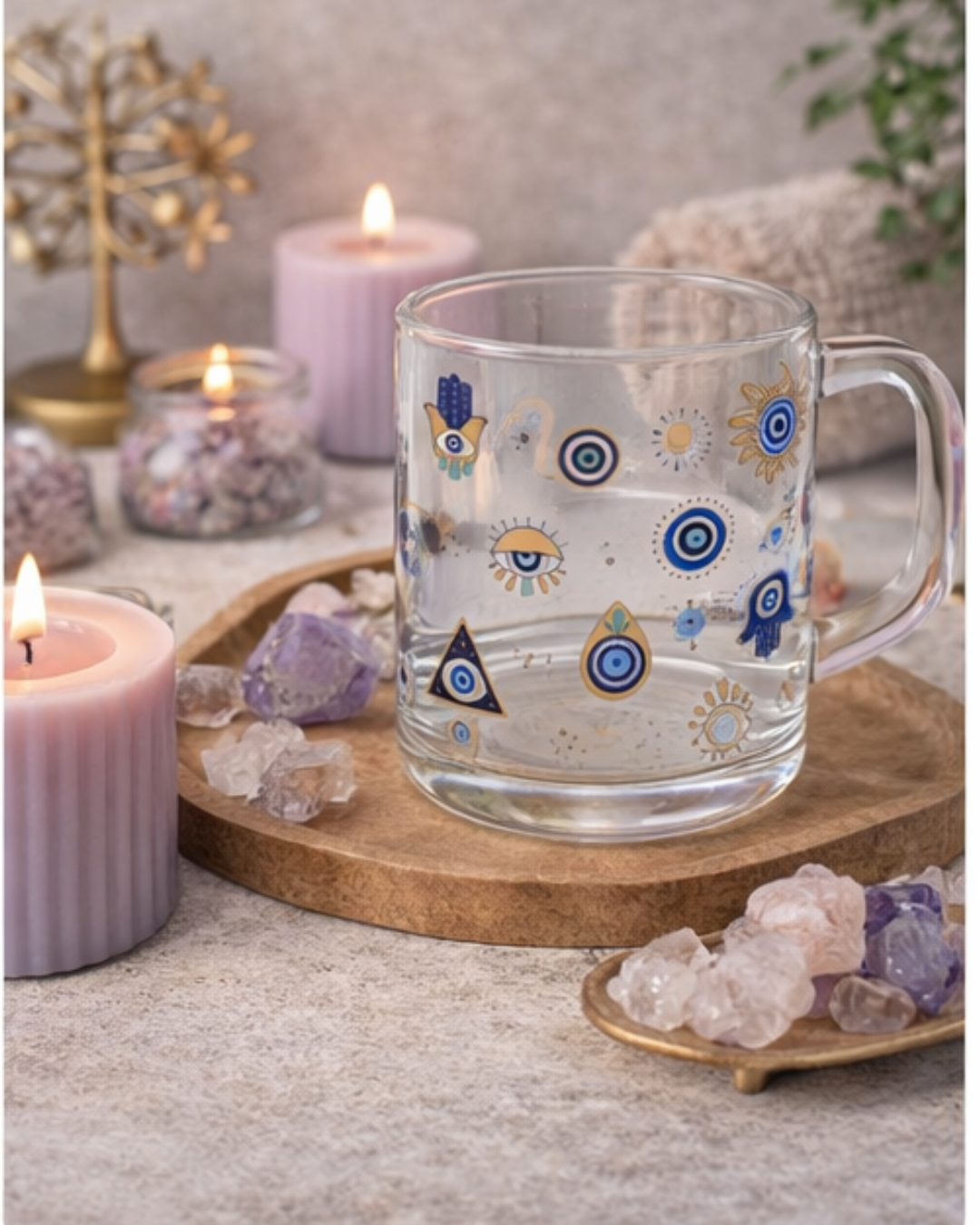 Caneca Ritualística de Proteção • Olho Grego • Vidro Decorativo com Simbolos de Proteção -Harmonia Plena