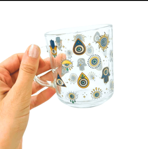 Caneca Ritualística de Proteção • Olho Grego • Vidro Decorativo com Simbolos de Proteção -Harmonia Plena