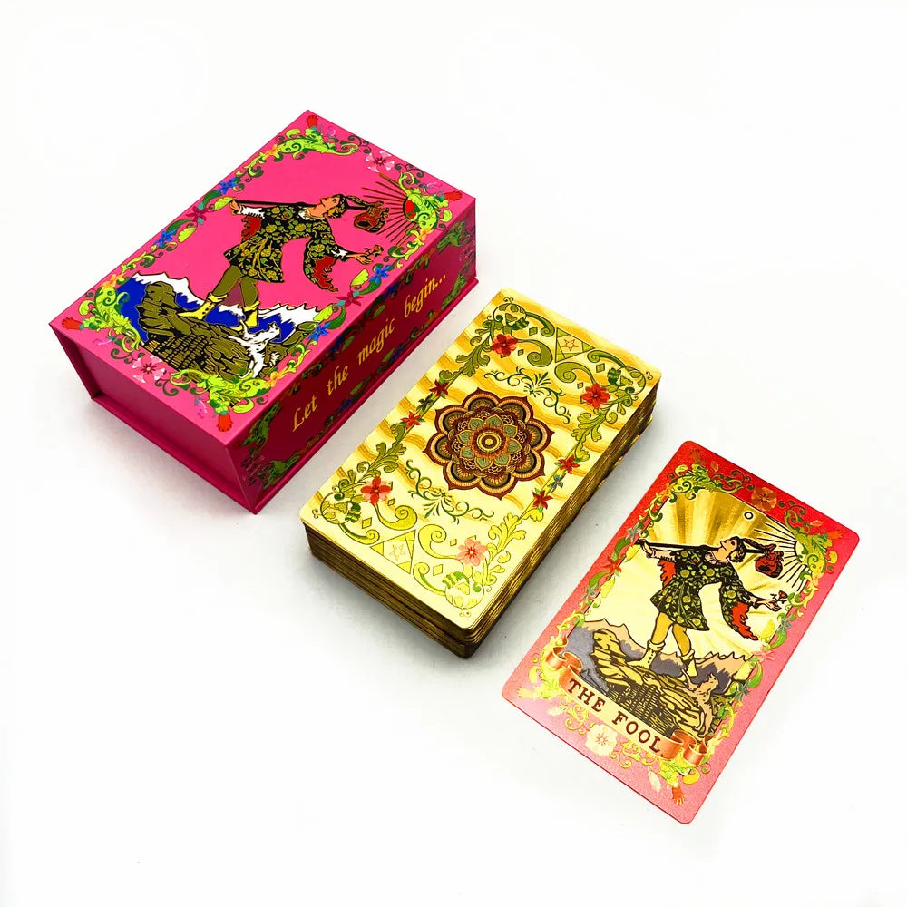 Cartas de Tarô de Ouro com Folha Rosa Vermelha - Jogo de Divinação em Plástico com Guia e Caixa - Tarot