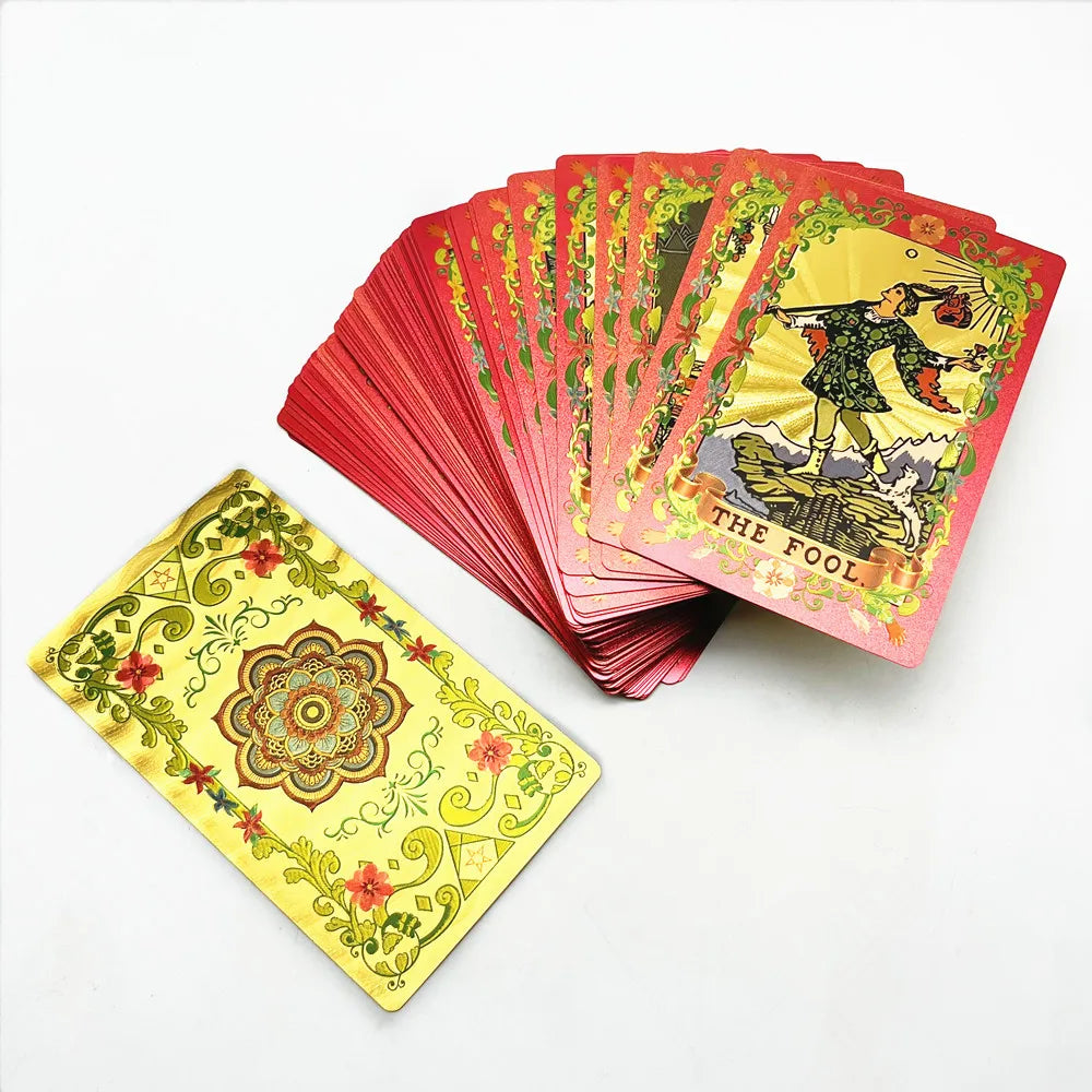 Cartas de Tarô de Ouro com Folha Rosa Vermelha - Jogo de Divinação em Plástico com Guia e Caixa - Tarot