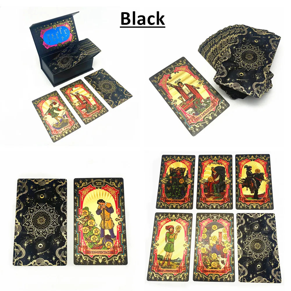 Cartas de Tarô de Ouro com Folha Rosa Vermelha - Jogo de Divinação em Plástico com Guia e Caixa - Tarot