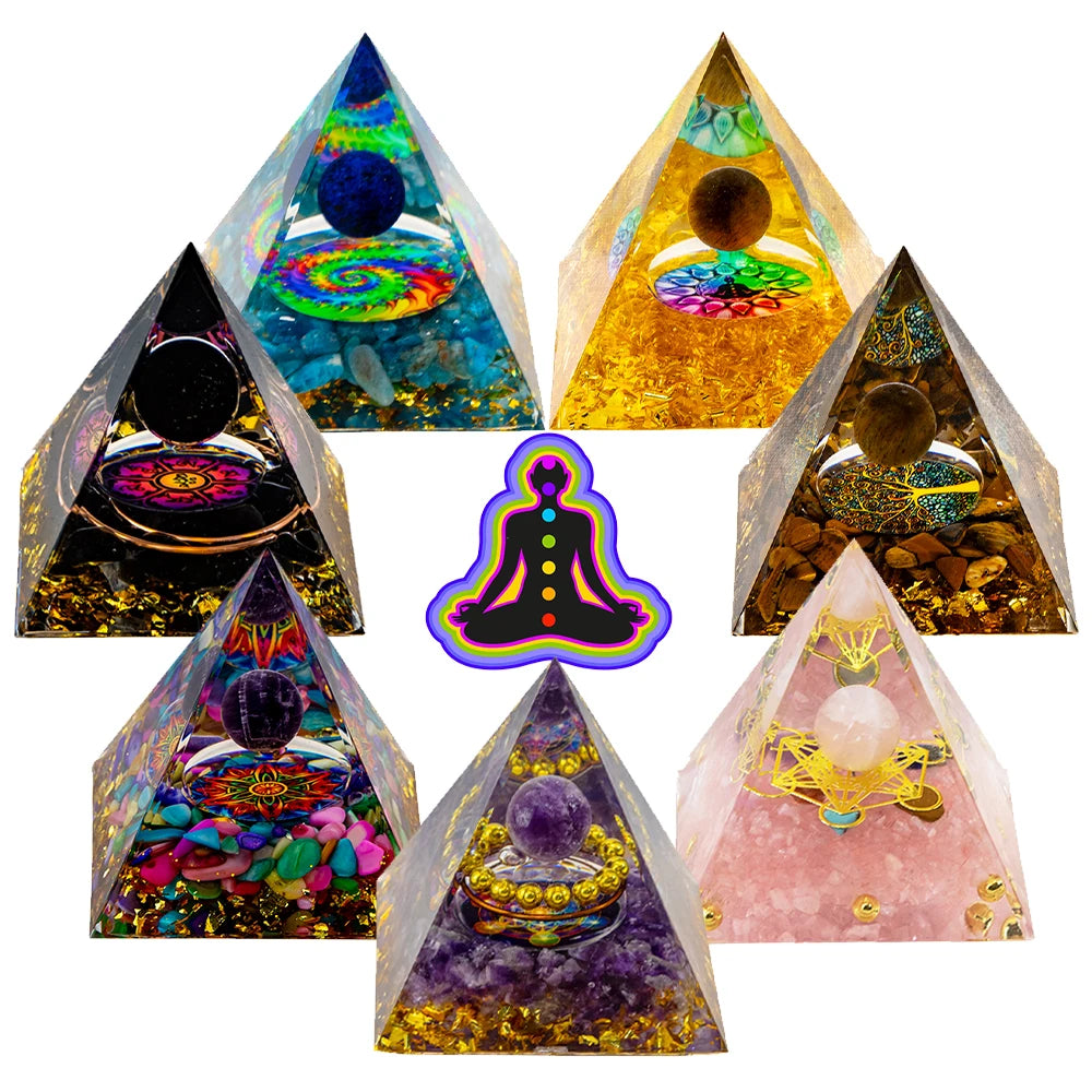 Conjunto de 7 Pirâmides de Resina com Cristais Naturais - Gerador de Energia para Cura dos Chakras e Decoração - Reiki