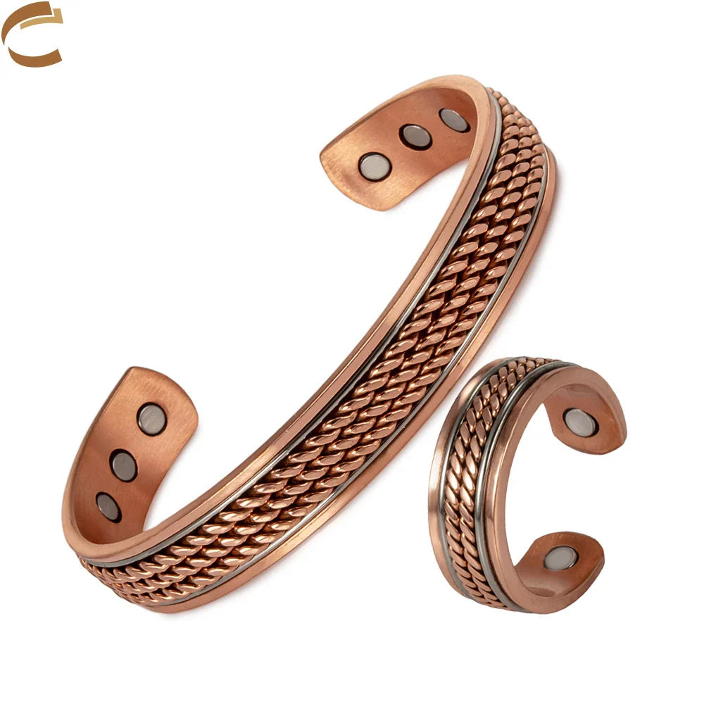 Conjunto de joias de cobre puro magnético torcido, pulseira ajustável, anel magnético redimensionável, conjunto de joias para artrite de saúde para mulheres e homens