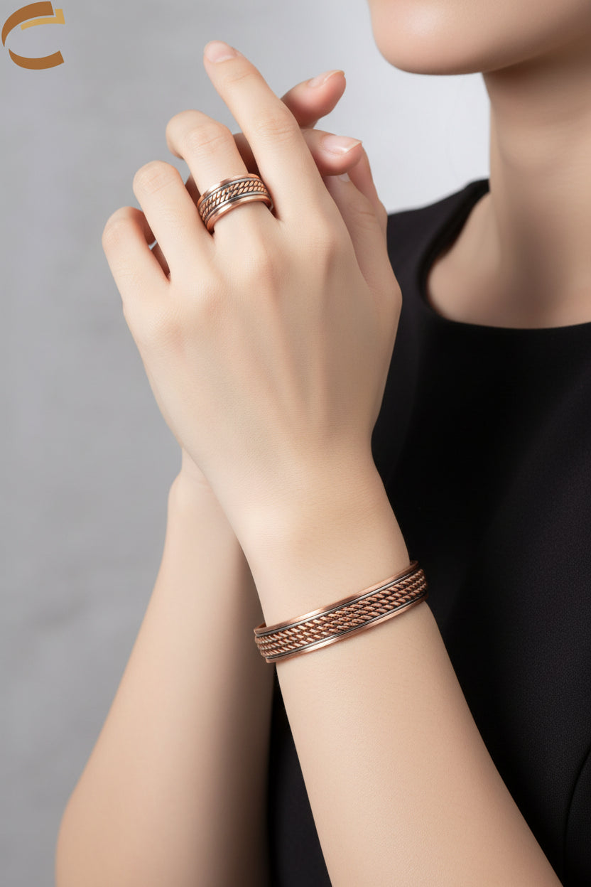 Conjunto de joias de cobre puro magnético torcido, pulseira ajustável, anel magnético redimensionável, conjunto de joias para artrite de saúde para mulheres e homens