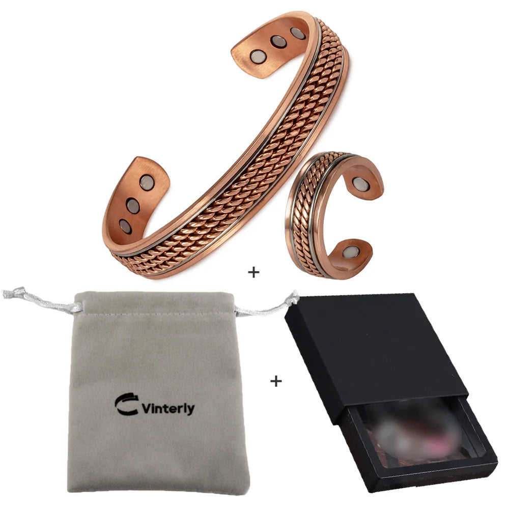 Conjunto de joias de cobre puro magnético torcido, pulseira ajustável, anel magnético redimensionável, conjunto de joias para artrite de saúde para mulheres e homens