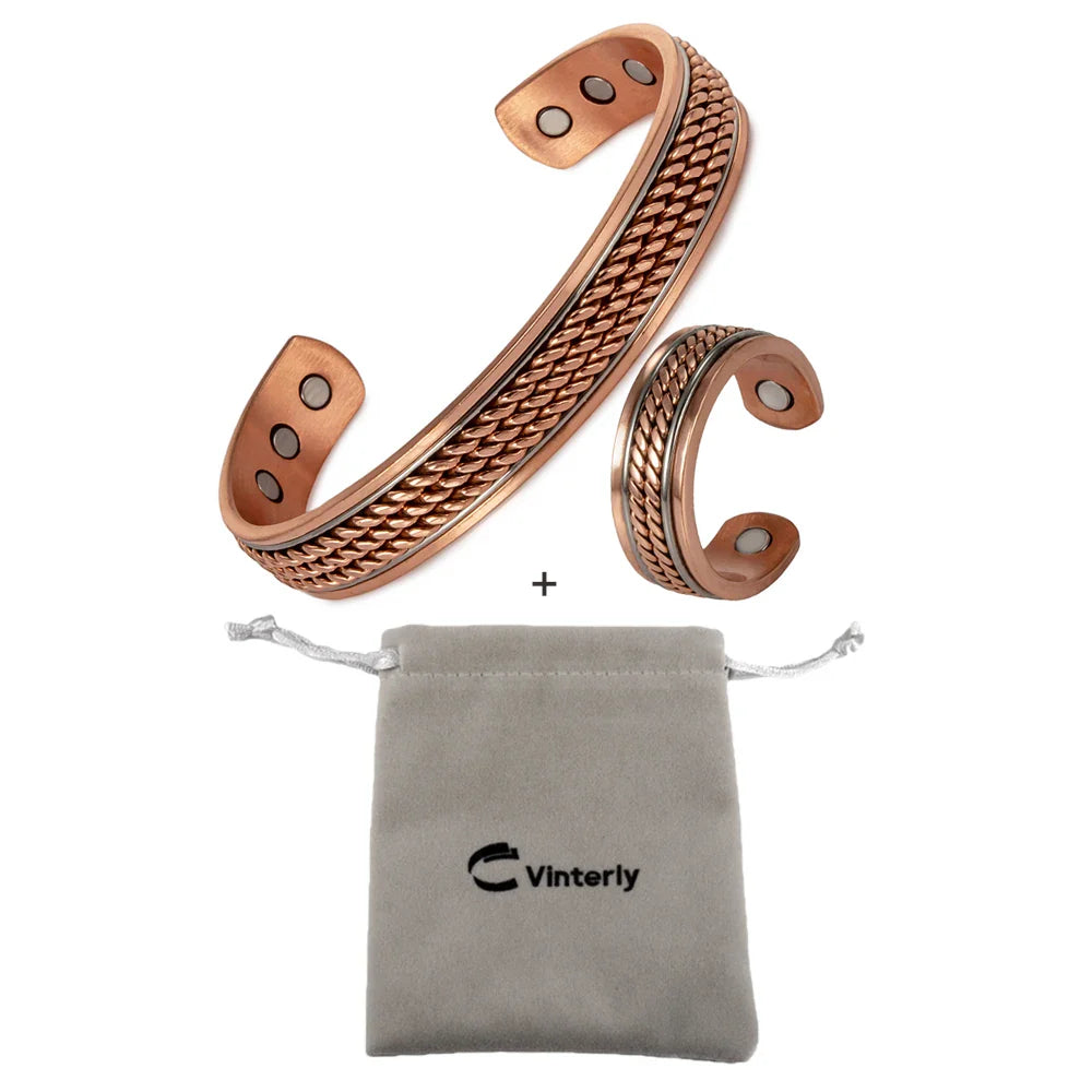 Conjunto de joias de cobre puro magnético torcido, pulseira ajustável, anel magnético redimensionável, conjunto de joias para artrite de saúde para mulheres e homens