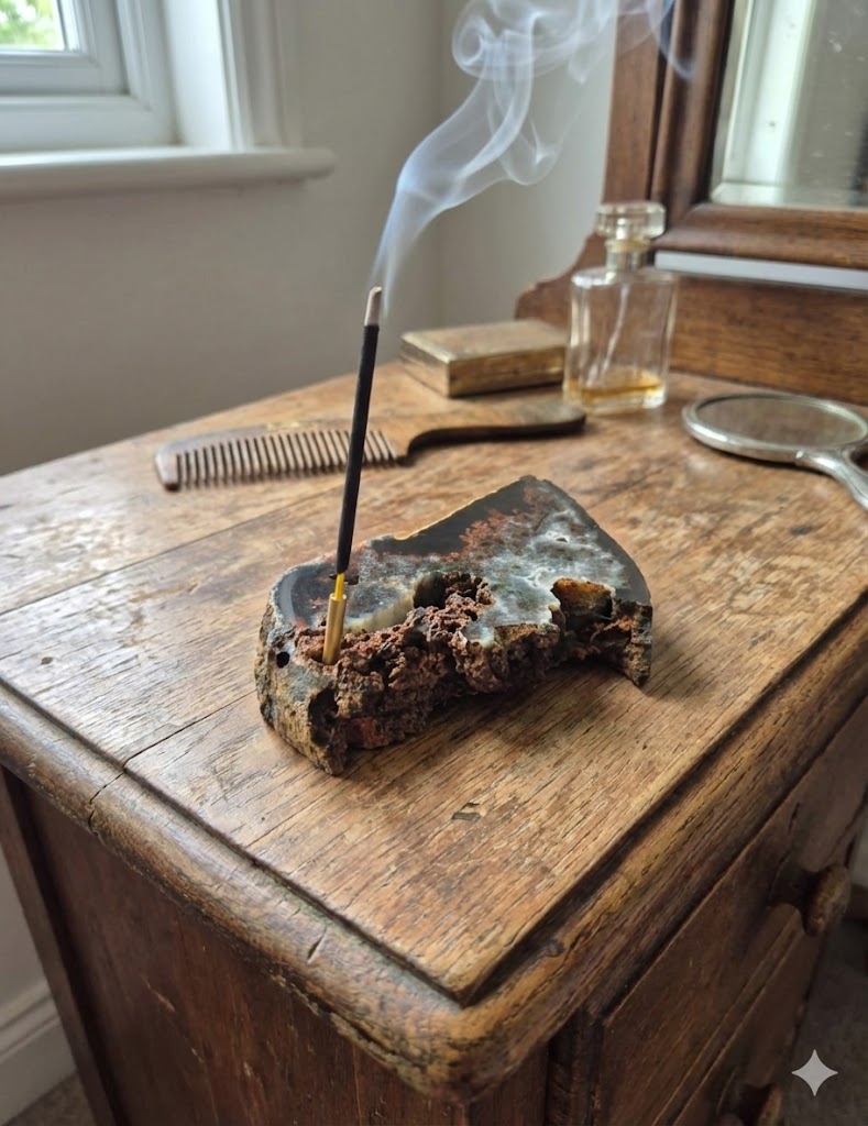 Fatia de Ágata Natural Bruta com Suporte para Incenso – Porta Incenso de Pedra Natural Lapidada e Rústica – Peça Decorativa de 706g