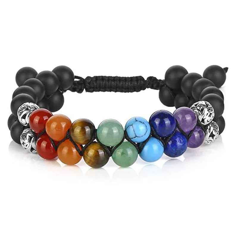 Pulseira Dupla Camada 7 Chakras Unissex - Joia de Yoga Indiana Vintage com Pedras de Lava e Cristais de Cura - Reiki - Pedras Naturais