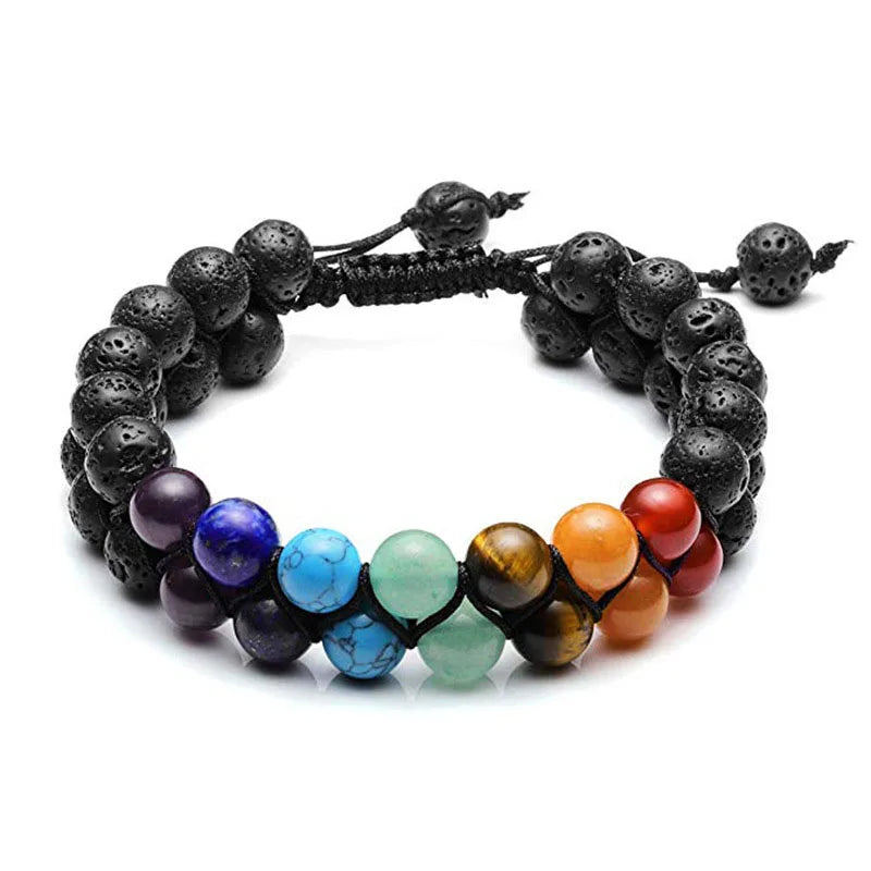 Pulseira Dupla Camada 7 Chakras Unissex - Joia de Yoga Indiana Vintage com Pedras de Lava e Cristais de Cura - Reiki - Pedras Naturais