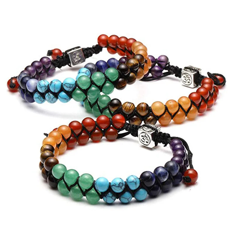 Pulseira Dupla Camada 7 Chakras Unissex - Joia de Yoga Indiana Vintage com Pedras de Lava e Cristais de Cura - Reiki - Pedras Naturais