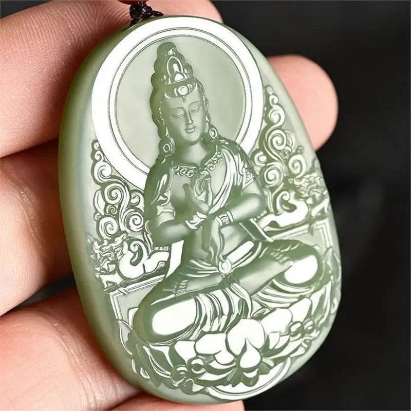 Jade Hetian Dupla Face - Estatueta Guanyin Bodhisattva Unissex - Budista - Reiki - Feng Shui - Semi Joias