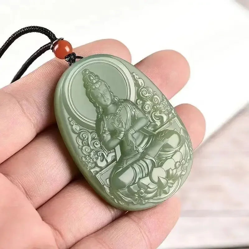 Jade Hetian Dupla Face - Estatueta Guanyin Bodhisattva Unissex - Budista - Reiki - Feng Shui - Semi Joias