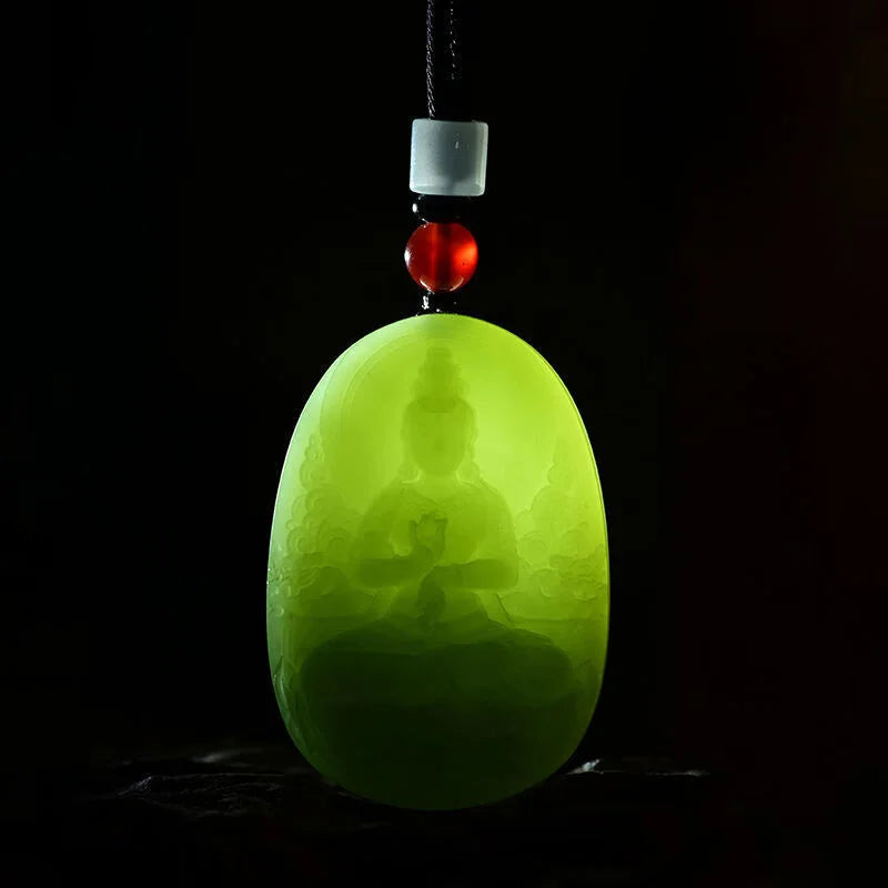 Jade Hetian Dupla Face - Estatueta Guanyin Bodhisattva Unissex - Budista - Reiki - Feng Shui - Semi Joias